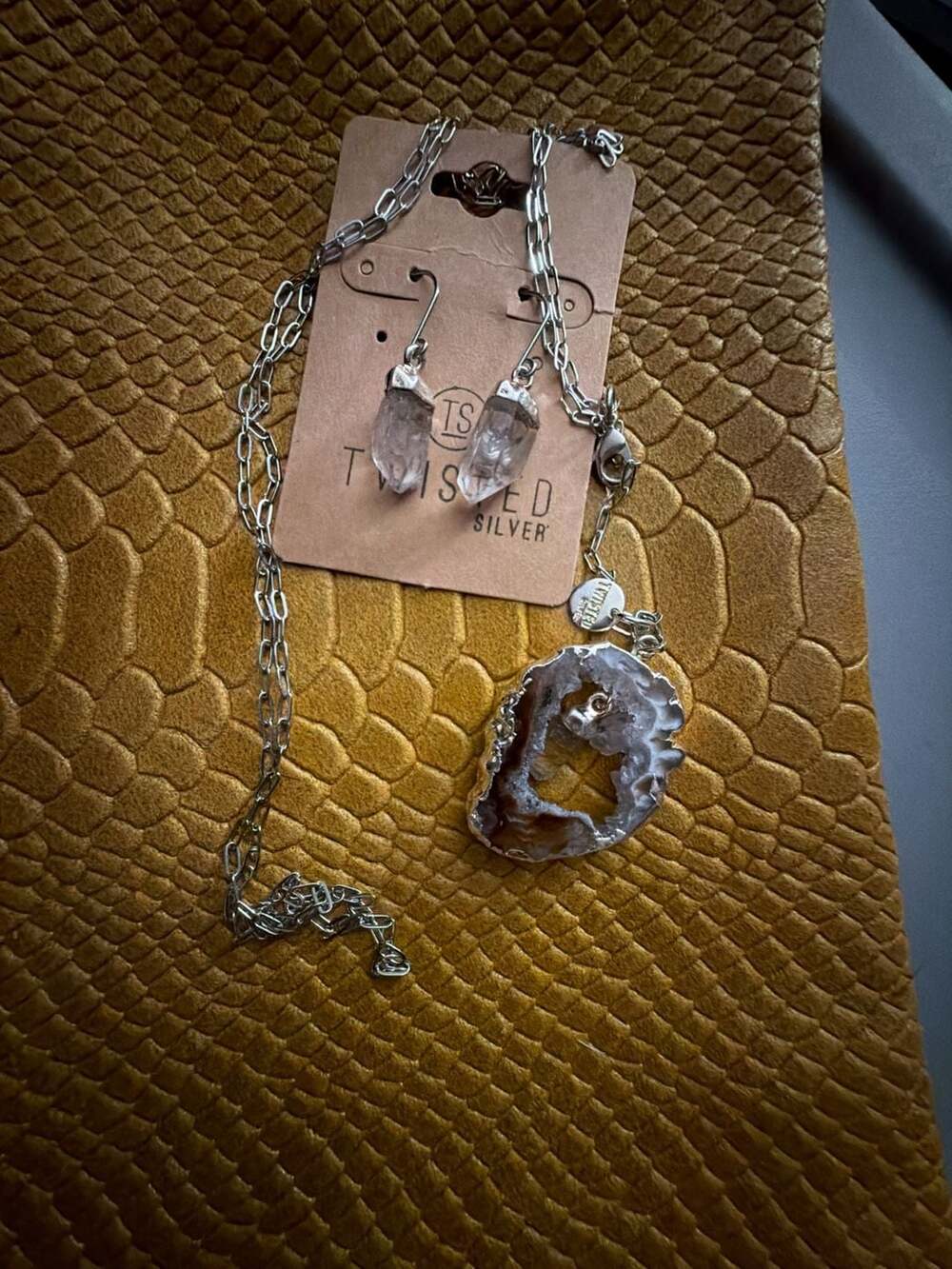 Twisted Silver Crystal Geode Slice Necklace And Earrings Set